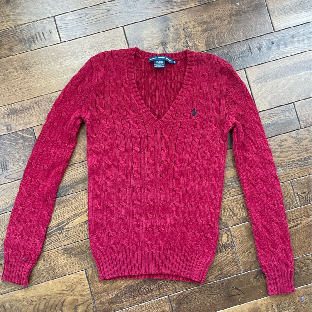 Ralph Lauren Sport, red sweater with black polo horse, Size Small.